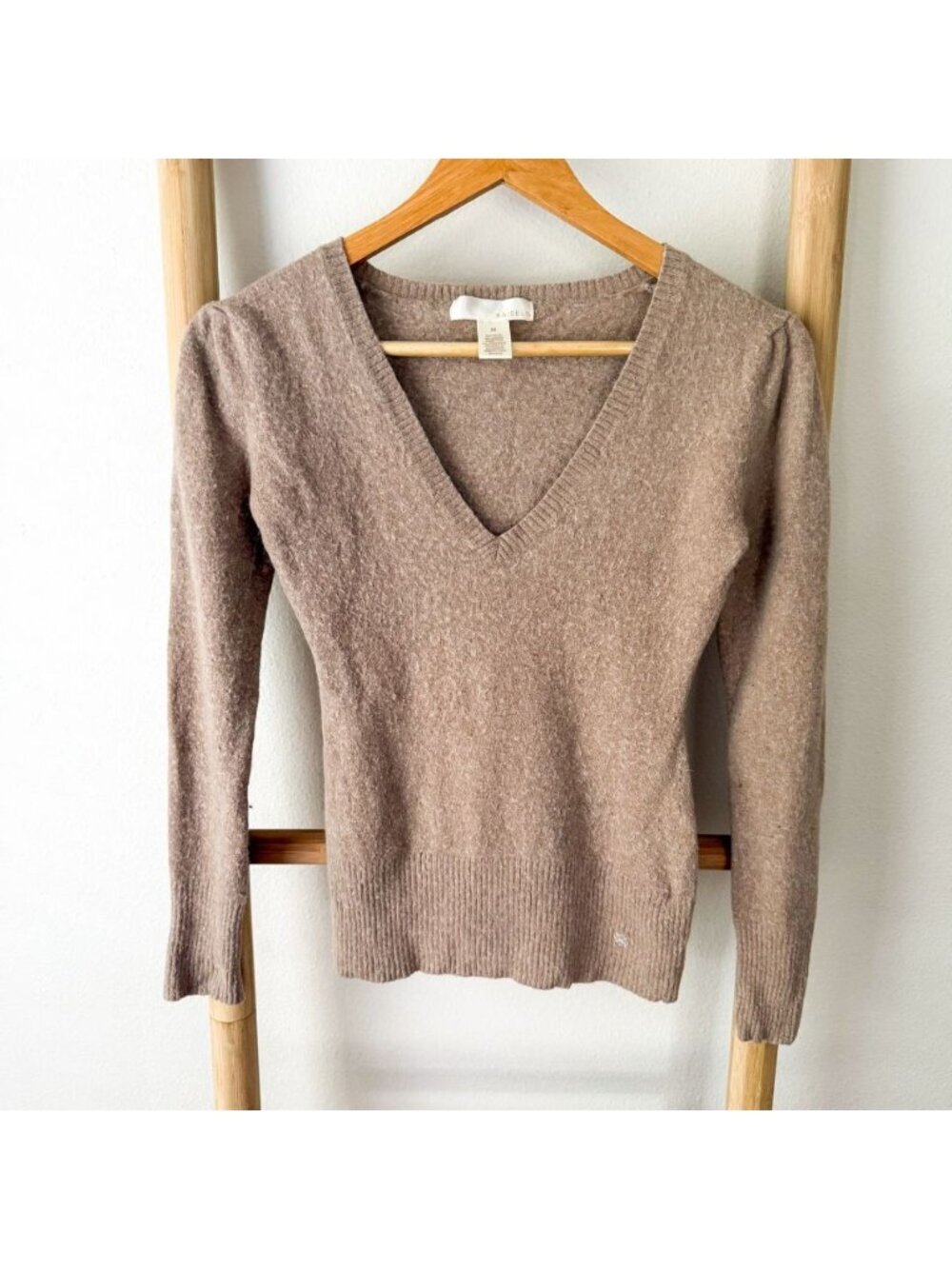 Kaisely Angora Rabbit Hair Blend V Neck Sweater Taupe Womens Medium